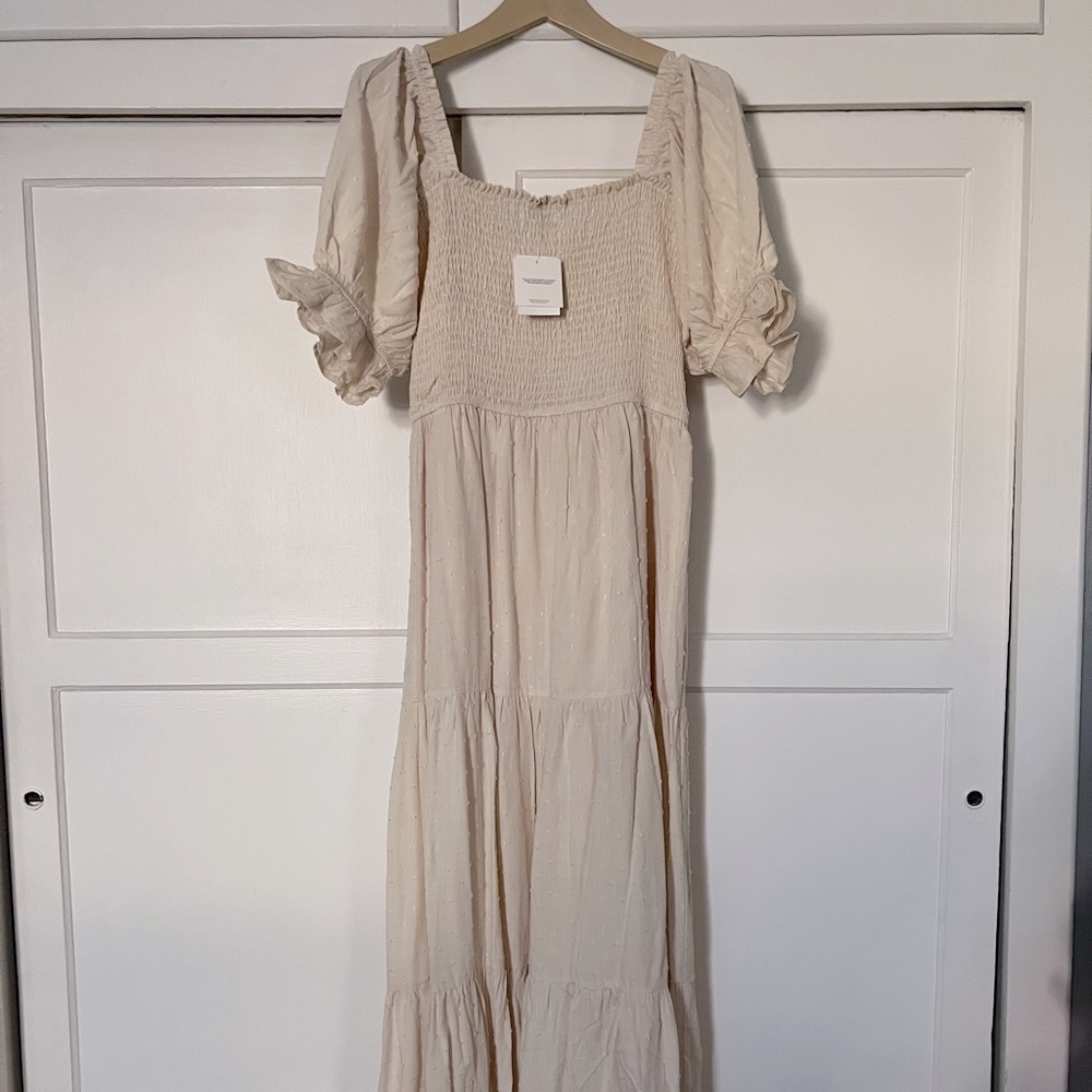 Cream Smocked Midi Dress